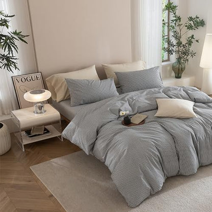 JIYUAN Alaska King Washed Cotton Duvet Cover Set, Linen-Like Pinstripe