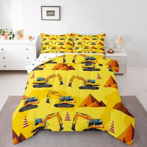 Erosebridal Boys Construction King Bedding Set, Excavator Comforter Set for Kids Men Boys Room Decor, Yellow Vehicle Comforter, Equipment Trucks Quilt with 2 Pillowcases, 3 Pcs, Lightweight