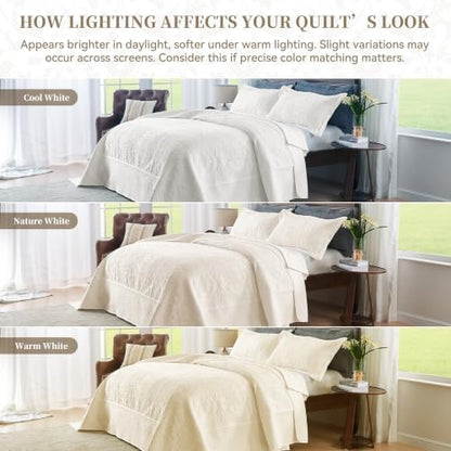 Qucover Queen Bedspread Medallion Quilt Bedding Set 3 Piece Light Beige