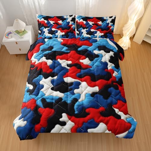 Nttopship Camouflage Bedding Set,Red Blue White Camouflage Pattern Style King Comforter Set for Adult Teens Camo Bed in A Bag 3 Pieces,Camo Pattern Room Decor with Comforter and 2 Pillow Case