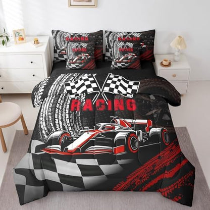 Racing 7 Pcs Comforter Set King Size Bed in a Bag,Extreme Race Car Player Bed Set Room Decor,Abstract Wheel Print Bedding Sets with Comforter,Flat,Fitted Sheet,Pillowcases,Pillow Covers