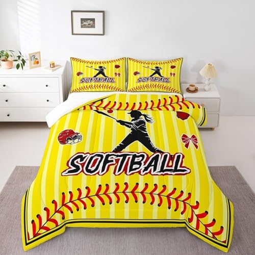 Homewish Teens Softball Player Comforter Set Queen Size,Sports Softball Bedding Set for Kids Boys Girls Bedroom Decoration,Gloves and Hats Bed Duvet Insert,Yellow Red Comforter with 2 Pillowcases