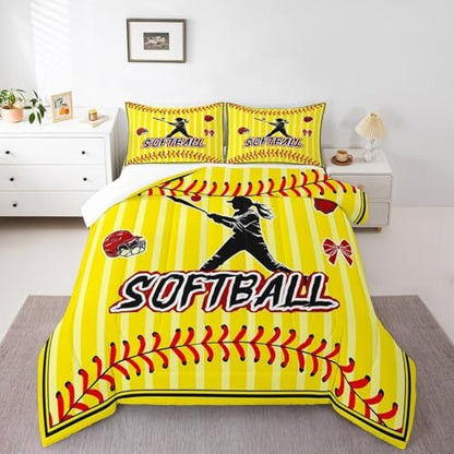 Homewish Teens Softball Player Comforter Set Queen Size,Sports Softball Bedding Set for Kids Boys Girls Bedroom Decoration,Gloves and Hats Bed Duvet Insert,Yellow Red Comforter with 2 Pillowcases