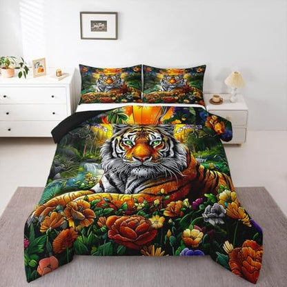 Tiger Kids Comforter Set Twin Size,Sunflower Palm Leaf Botanical Tropical Jungle Bedding Set,Girls Boys Room Decor,Wildlife Animal Pine Rustic Quilt Comforter,Wild Chic Duvet Insert,1 Pillowcase