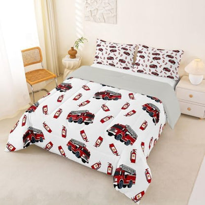 Feelyou Fire Truck Comforter Set Queen Size Firefighter Bedding Set for Kids Boys Girls Emergency Vehicles Duvet Quilt Bedroom Decor Microfiber 3 Pcs with 2 Pillow Cases