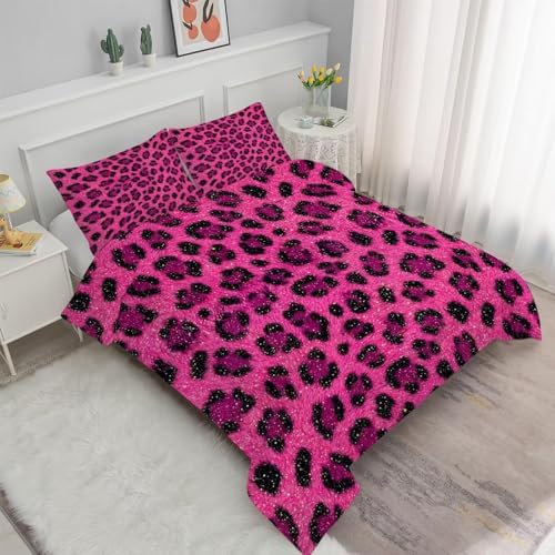 Hot Pink Cheetah Print Bedding Set Full/Queen Leopard Print Comforter for Women Girls Bedroom Animals Quilt Bed Set 1 Comforter 2 Pillowcases