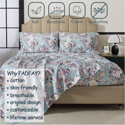 FADFAY Floral Sheets Set Full Size, 100% Cotton Bed Sheets 4 Pcs with Deep Pocket Fitted Sheet, Dusty Blue Vintage Botanical Bedding, Soft Crisp & Breathable Sheets for All Seasons