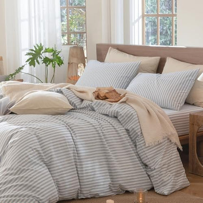 MooMee Striped Duvet Cover Set 100% Washed Cotton Linen Like Super King