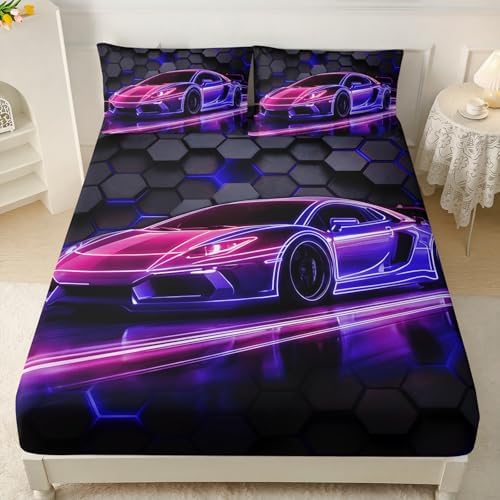 HOSIMA Boys Race Car Gaming Bedding Queen,1 Fitted Sheet+2 Pillowcases.