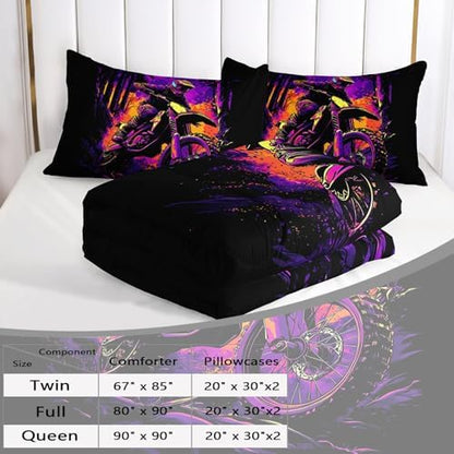 AILONEN Dirt Bike Comforter Set Extreme Sports Bedding Set for Kids Boys Girls, Twin Size Racing Motocross Rider Comforter with 2 Pillowcases,3 Pieces Purple Black