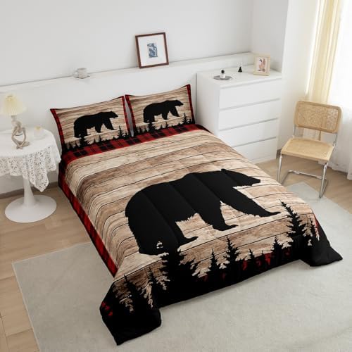 Castle Fairy Kids Bear Silhouette Queen Size Comforter Set,Wildlife Animal Trees Print Bedding Set with 2 Pillowcases,Red Black Plaid Retro Board Breathable Durable Polyester