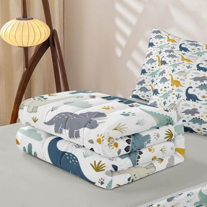 Feelyou Dinosaur Zipper Bedding for Kids Twin Size 3D Dino Print Bed in a Bag with Sheets, Comforter, Pillowcases Jungle Dino Comforter Set for Boys Girls Bedding Sets Durable Easy to Make and Clean