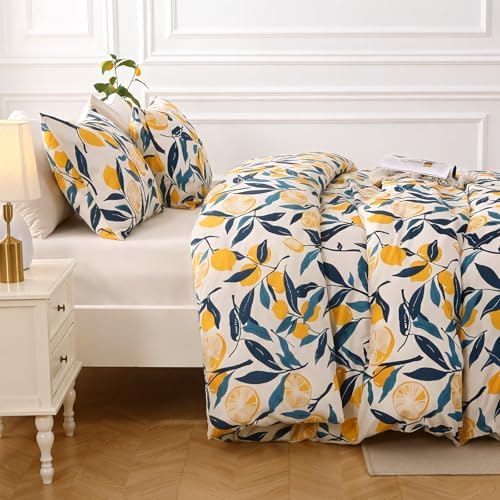 MUXHOMO Lemon Blossom Full Comforter Set, Elegant Floral Print Bed in a Bag 7 Pieces, Ultra Soft & Breathable Reversible Botanical Pattern Bedding Set with Comforter, Sheets, Pillowcases, and Shams