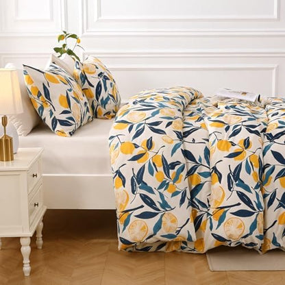 MUXHOMO Lemon Blossom Full Comforter Set, Elegant Floral Print Bed in a Bag 7 Pieces, Ultra Soft & Breathable Reversible Botanical Pattern Bedding Set with Comforter, Sheets, Pillowcases, and Shams