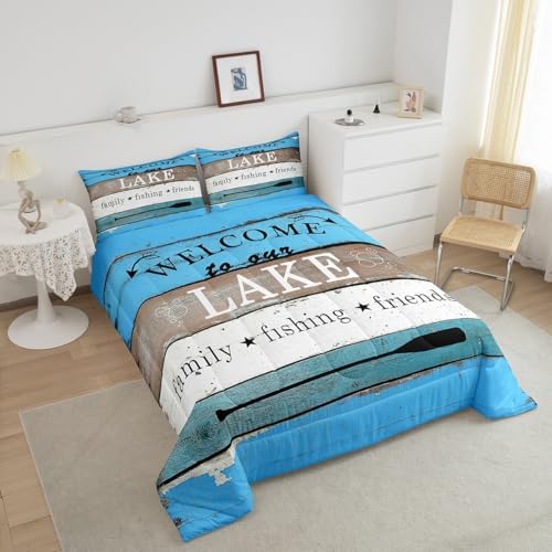 Manfei Rustic Lake Comforter Set Full Size, Lake Camping Bedding Set 3pcs for Kids Boys Teens Bedroom Decor, Vintage Wooden Stripe Print Quilt Set with 2 Pillowcases, Farmhouse Duvet Set