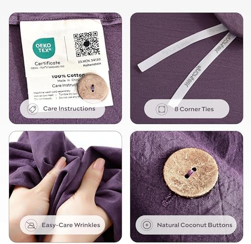 JELLYMONI 100% Washed Cotton Iris Purple Duvet Cover King, Linen-Like