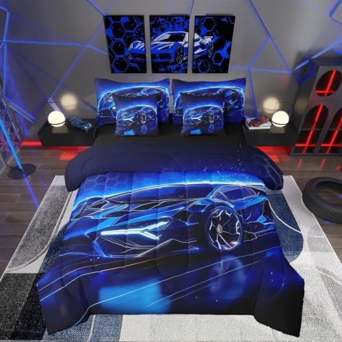 Feelyou Kids Boys Sports Car 7 Piece Bedding Set Queen Size Blue Race Car Comforter Set with Sheets for Kids Teens Boys Girls Extreme Sports Theme Bed in a Bag Speed Luxury Car Bed Set