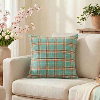 AVOIN colorlife Spring Summer Aqua Orange Plaid Decorative Throw Pillow Covers, 18 x 18 Inch Holiday Scottish Tartan Cushion Case Farmhouse Decoration for Sofa Couch Set of 2