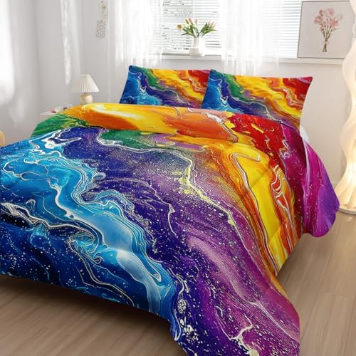 Nttopship Colorful Watercolor Comforter Tie Dye Bedding Set with 2 Pillowcase Twin Size Marbling Comforter Set for Kids Boys Girls Bedroom Decor