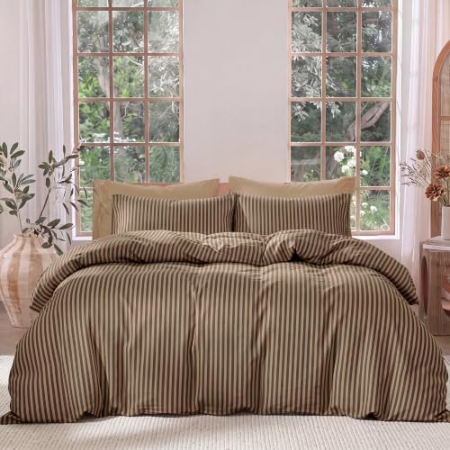 Bedbay Brown Striped Duvet Cover Set, 100% Cotton 300TC Sateen Queen Duvet Cover, Mocha Brown Fine Stripe Bedding, Soft Smooth Breathable Warm Neutral Set, 3 Pieces