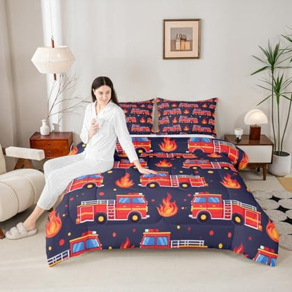 Erosebridal Boys Fire Truck Queen Comforter Set, Cartoon Red Firemen Car Bedding Set for Kids Teens Men Room Decor, Dark Blue Comforter, Fire Engine Polka Dots Quilt with 2 Pillowcases, 3 Pcs