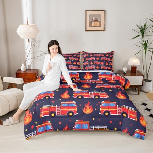 Erosebridal Boys Fire Truck Comforter Set Toddler, Cartoon Red Firemen Car Bedding Set for Kids Teens Men Room Decor, Dark Blue Comforter, Fire Engine Polka Dots Quilt with 1 Pillowcase, 2 Pcs
