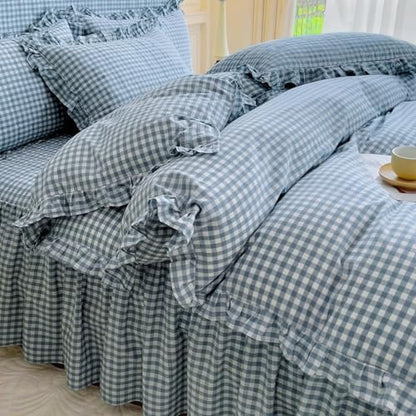 LifeTB Twin XL Comforter Set Blue Gingham Comforter with 2 Pillowcases Ruffle Plaid Grid Pattern Comforter Set for Men Boys Fluffy Soft Lightweight Bedding Boho Plaid Checkered Comforter Twin XL