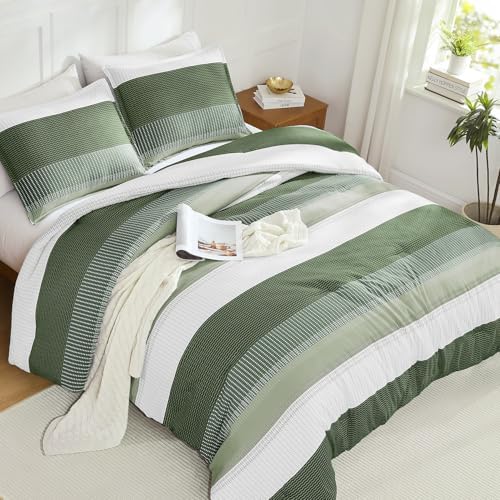 Litanika Olive Green King Size Comforter Set - 3 Pieces Stripe Bed Set