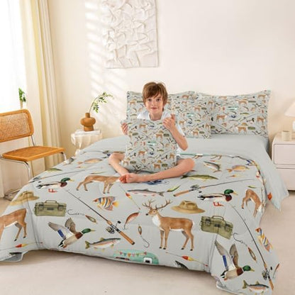 Erosebridal Hunting and Fishing Queen Comforter Set 7 Piece Mallard Duck Deer Hunting Comforter Set Bass Fish Camper Car Bedding Sets for Boys Girls Rustic Cabin Wild Gray Sheet Set with Comforter