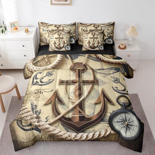 Erosebridal Nautical Anchor Bed in A Bag with Sheets King Retro Ship Anchor 7 Piece Comforter Set Navigation Compass Bedding Set,Ocean Adventure Theme Bedding Comforter Sets for Kids Boys Teens Youth