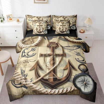 Erosebridal Nautical Anchor Bed in A Bag with Sheets King Retro Ship Anchor 7 Piece Comforter Set Navigation Compass Bedding Set,Ocean Adventure Theme Bedding Comforter Sets for Kids Boys Teens Youth