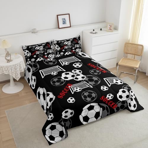 Castle Fairy Black White Soccer King Size Comforter Set,Kids Football Gate Decor All Season Bedding Set,Teens Ball Games Comforter,Soccer Sketches Decor Quilt Set Bedroom Collection 3Pcs