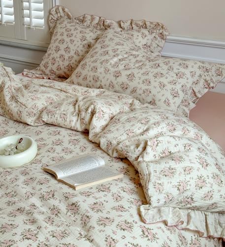VM VOUGEMARKET Ruffle Duvet Cover Full Shabby Chic Pink Floral Bedding Set,Soft, Breathable Muslin Cotton Linen Like Gauze Comforter Cover with Zipper Closure