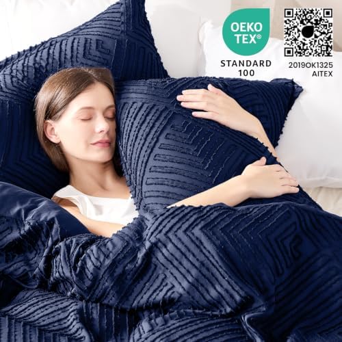 JOLLYVOGUE Queen Comforter Set, Boho Tufted 3-Piece Bedding Set, Navy