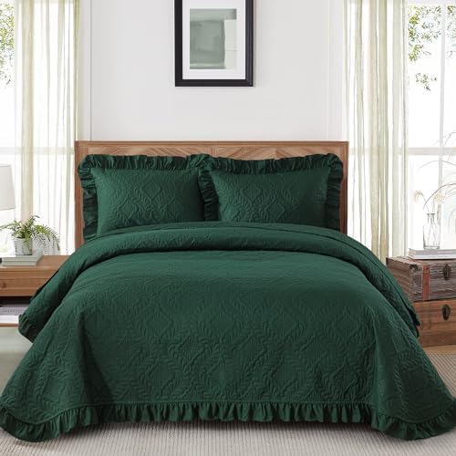 DJY King Quilt Set Emerald Green, 3 Pieces Ruffled Bedspreads Quilt