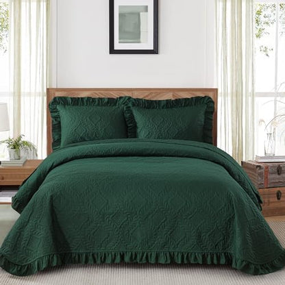 DJY King Quilt Set Emerald Green, 3 Pieces Ruffled Bedspreads Quilt