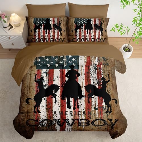 7Pcs Western Cowboy Comforter Set American Flag Printed Bedding Set with 1 Comforter, 1 Flat Sheet, 1 Fitted Sheet and 4 Pillowcases for Bedroom All Season(Cowboy Queen)