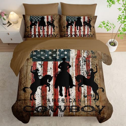 7Pcs Western Cowboy Comforter Set American Flag Printed Bedding Set with 1 Comforter, 1 Flat Sheet, 1 Fitted Sheet and 4 Pillowcases for Bedroom All Season(Cowboy Queen)