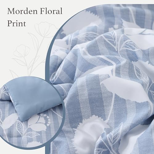 BLOOMHAVEN Full Size Comforter Sets-7 Pieces Dusk Blue Floral Bed in a Bag