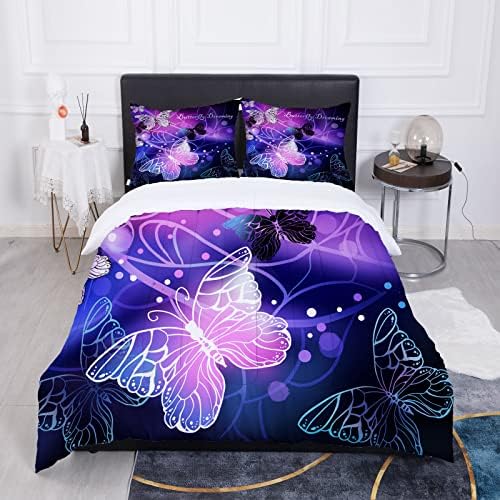 Sunnycitron 3D Purple Butterfly Bedding Queen Comforter Set Dreamy Butterfly Comforter Set for Girls Neon Butterflies Purple Bed Comforter (1 Comforter + 2 Pillowcases),Easy-Wash Fade Resistant