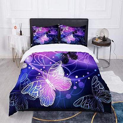 Sunnycitron 3D Purple Butterfly Bedding Queen Comforter Set Dreamy Butterfly Comforter Set for Girls Neon Butterflies Purple Bed Comforter (1 Comforter + 2 Pillowcases),Easy-Wash Fade Resistant