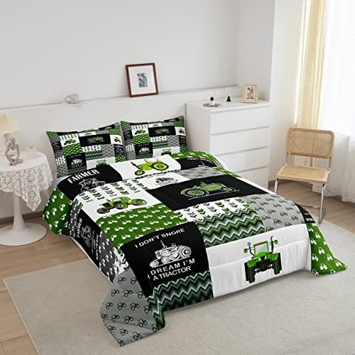 Feelyou Tractor Comforter Set Cartoon Farm Tractor Down Duvet for Kids Boys Girls Truck Car Bedding Set Harvester Excavator Comforter Green 1 Comforter Set with 2 Pillowcases Full Size