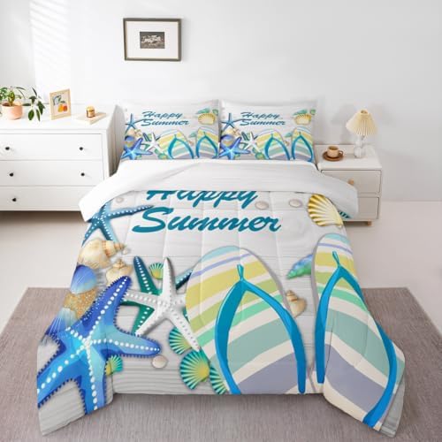 Beach Comforter Set Full Ocean Starfish Shell and Stripes Flip Flops Bedding Set Romantic Hawaii Holiday Quilted Duvet for Kids Teens Adult,White Rustic Farmhouse Wooden Board Duvet Insert 3pcs