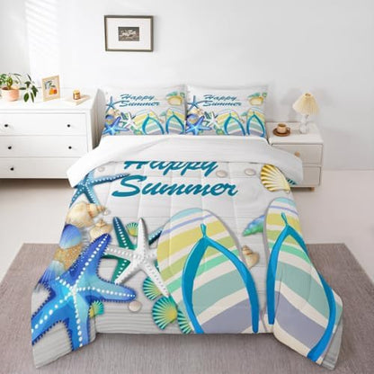 Beach Comforter Set Full Ocean Starfish Shell and Stripes Flip Flops Bedding Set Romantic Hawaii Holiday Quilted Duvet for Kids Teens Adult,White Rustic Farmhouse Wooden Board Duvet Insert 3pcs
