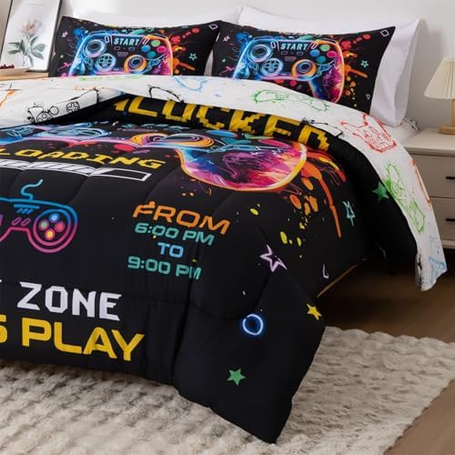 Full Size Bedding Set for Boys, Kids Teens Gamer Comforter Set 5 Pieces