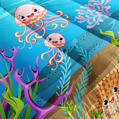 Turtle Comforter Set Full Ocean Watercolor Sea Turtle Bedding Set Tropical Fish Marine Life Bed Set with 2 Pillowcases for Kids Room Decor