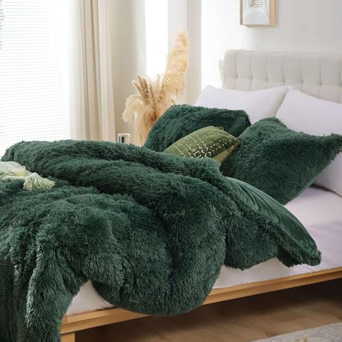 Smoofy Fluffy Full Size Comforter Set, Dark Green Faux Fur Comforter 3 Pcs