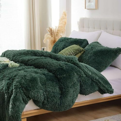 Smoofy Fluffy Full Size Comforter Set, Dark Green Faux Fur Comforter 3 Pcs
