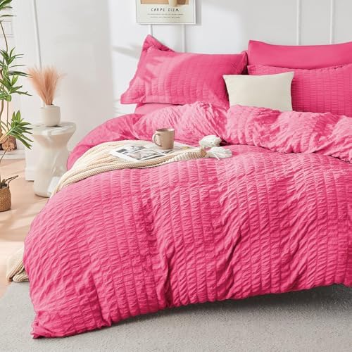 HYMOKEGE Hot Pink King Size Comforter Set Seersucker 7 Pieces, All Season Luxury Bed in a Bag for Bedroom, Bedding Set with Comforter, Sheets, Pillowcases & Shams