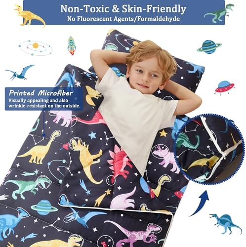 Toddler Nap Mat for Preschool 50''x30'' Sleeping Mat with Removable Pillow and Minky Blanket for Kids Ages 3-7 Roll Up Soft Sleeping Bag for Boys Girls Kindergarten Daycare Sleepover